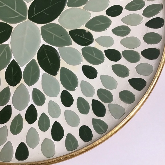 Mid Century Modern Mosaic Tile Round Plate 12” Console Green Leaves Art Vintage - Picture 12 of 16
